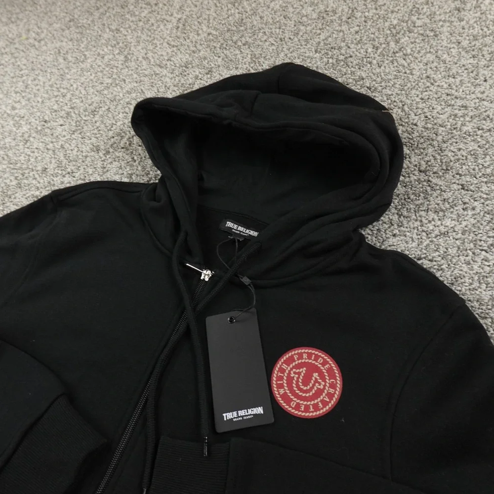 NEW True Religion Hoodie Mens L Black Logo Full Zip‎ Sweatshirt Sweater Jacket